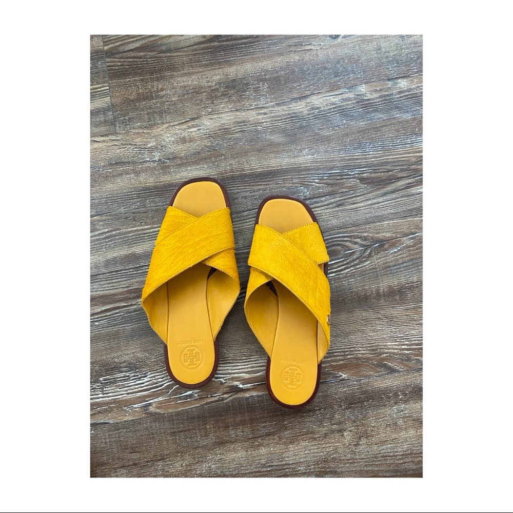 Tory Burch yellow cross-cross flat sandal